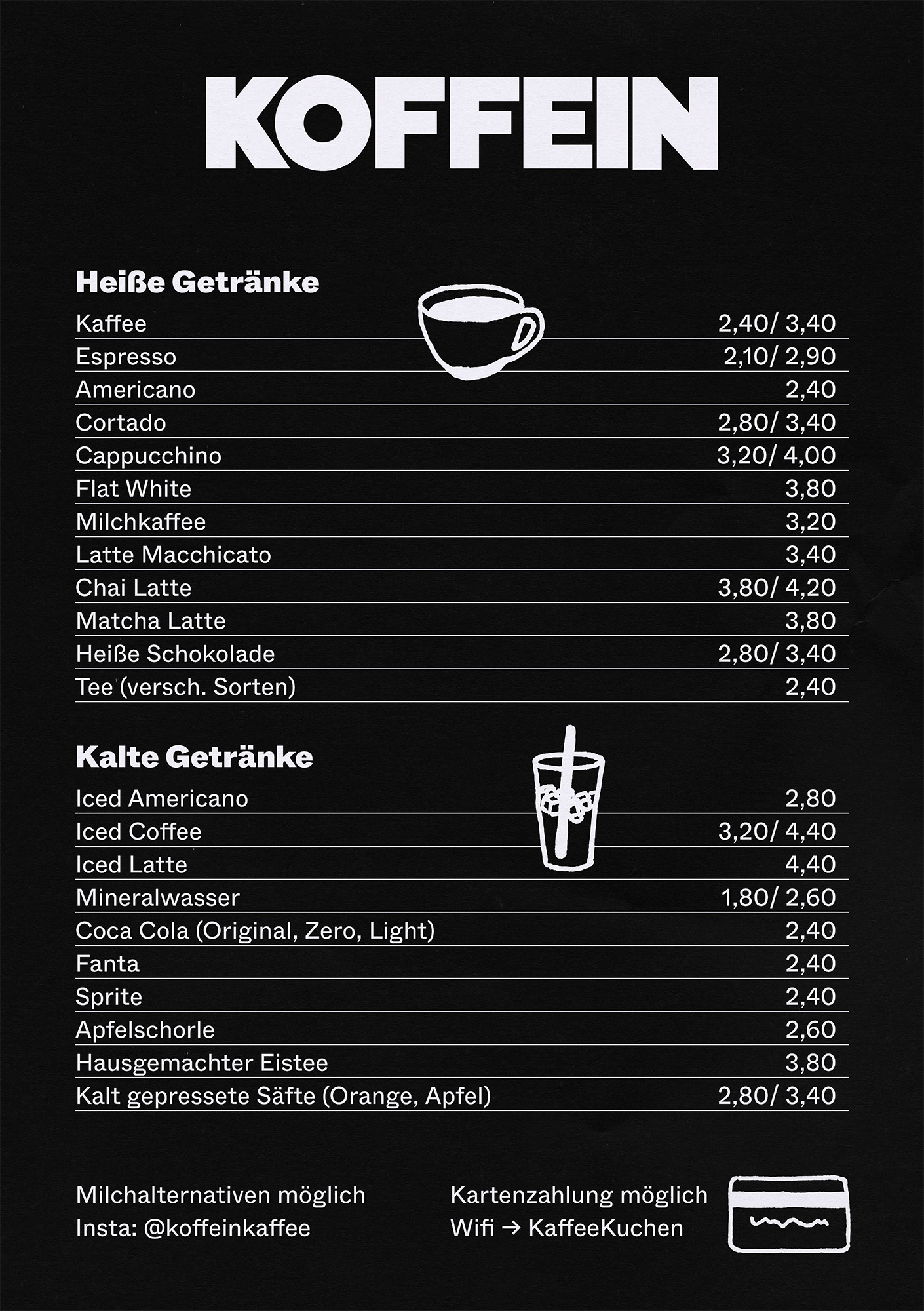 Koffein: Speisekarte